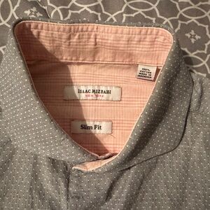 Isaac Mizrahi New York Slim Fit Button Down Dress Shirt 15 1/2, 32/33 Gray/Pink